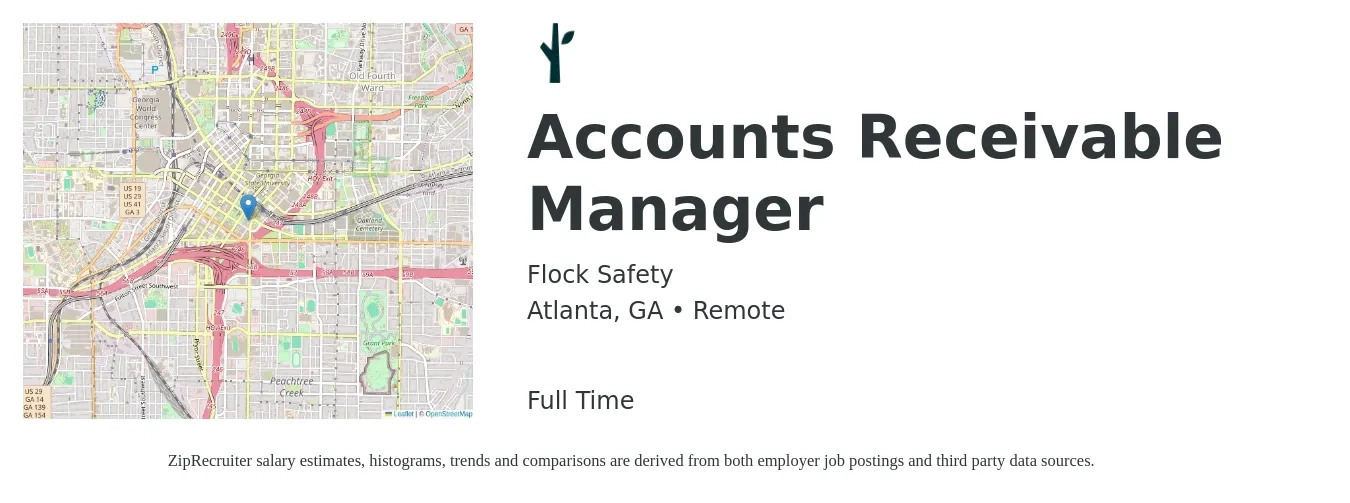 Flock Safety job posting for a Accounts Receivable Manager in Atlanta, GA with a salary of $57,200 to $84,100 Yearly with a map of Atlanta location.