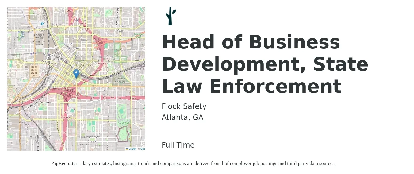 Flock Safety job posting for a Head of Business Development, State Law Enforcement in Atlanta, GA with a salary of $89,900 to $145,700 Yearly with a map of Atlanta location.