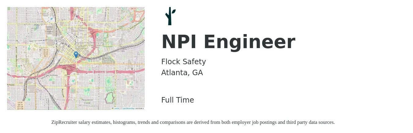Flock Safety job posting for a NPI Engineer in Atlanta, GA with a salary of $71,600 to $99,000 Yearly with a map of Atlanta location.