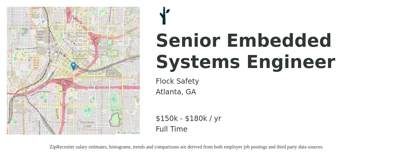 Flock Safety job posting for a Senior Embedded Systems Engineer in Atlanta, GA with a salary of $150,000 to $180,000 Yearly with a map of Atlanta location.
