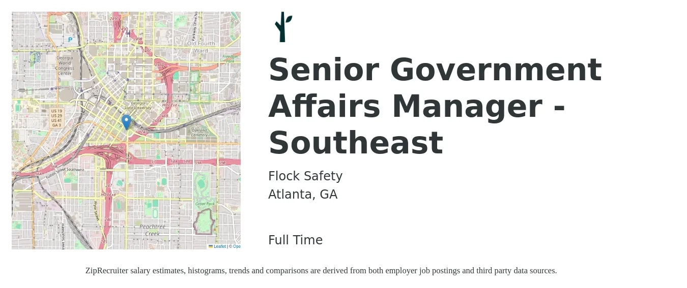 Flock Safety job posting for a Senior Government Affairs Manager - Southeast in Atlanta, GA with a salary of $66,400 to $114,000 Yearly with a map of Atlanta location.