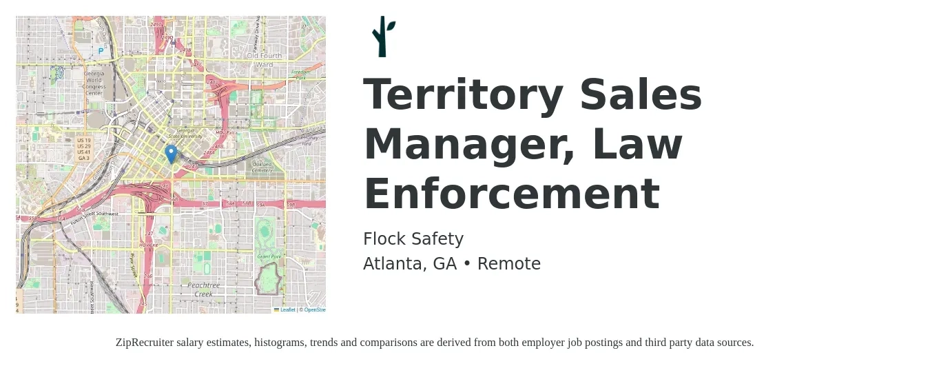Flock Safety job posting for a Territory Sales Manager, Law Enforcement in Atlanta, GA with a salary of $62,000 to $95,200 Yearly with a map of Atlanta location.