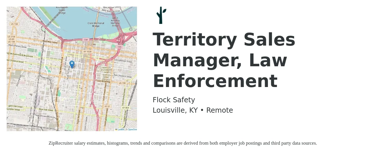 Flock Safety job posting for a Territory Sales Manager, Law Enforcement in Louisville, KY with a salary of $62,000 to $95,100 Yearly with a map of Louisville location.