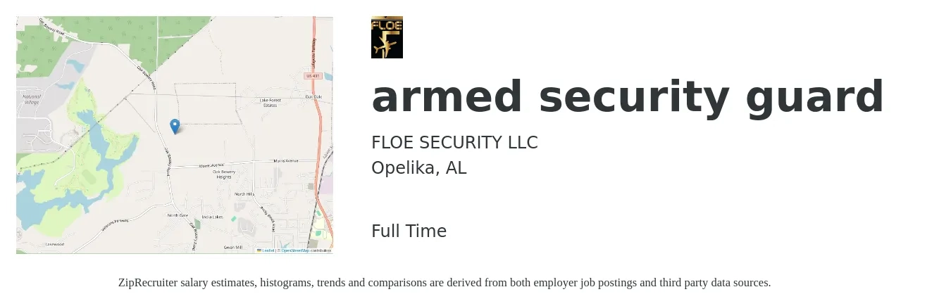 FLOE SECURITY LLC job posting for a armed security guard in Opelika, AL with a salary of $16 to $20 Hourly with a map of Opelika location.
