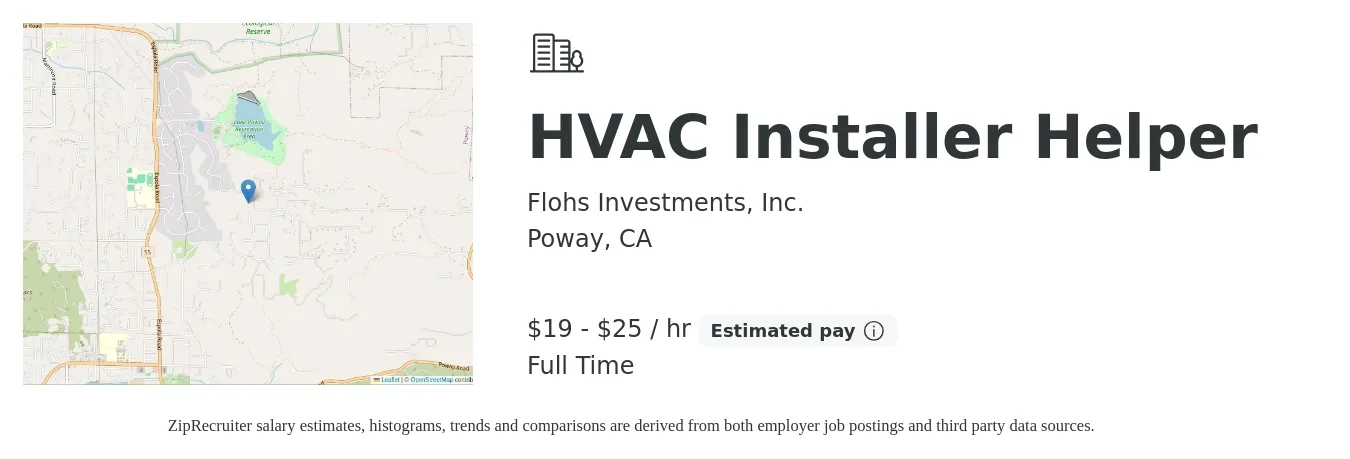 Flohs Investments, Inc. job posting for a HVAC Installer Helper in Poway, CA with a salary of $20 to $27 Hourly with a map of Poway location.