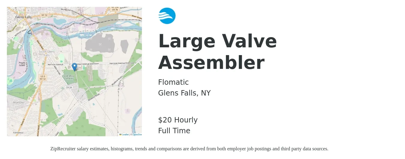 Flomatic job posting for a Large Valve Assembler in Glens Falls, NY with a salary of $21 Hourly with a map of Glens Falls location.