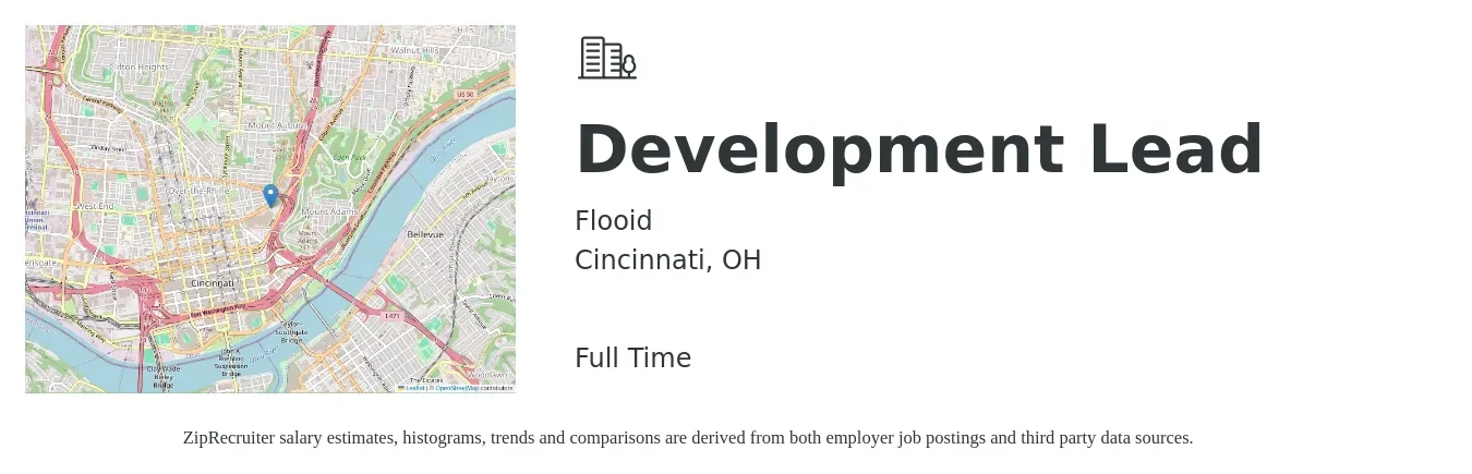 Flooid job posting for a Development Lead in Cincinnati, OH with a salary of $40,300 to $125,700 Yearly with a map of Cincinnati location.