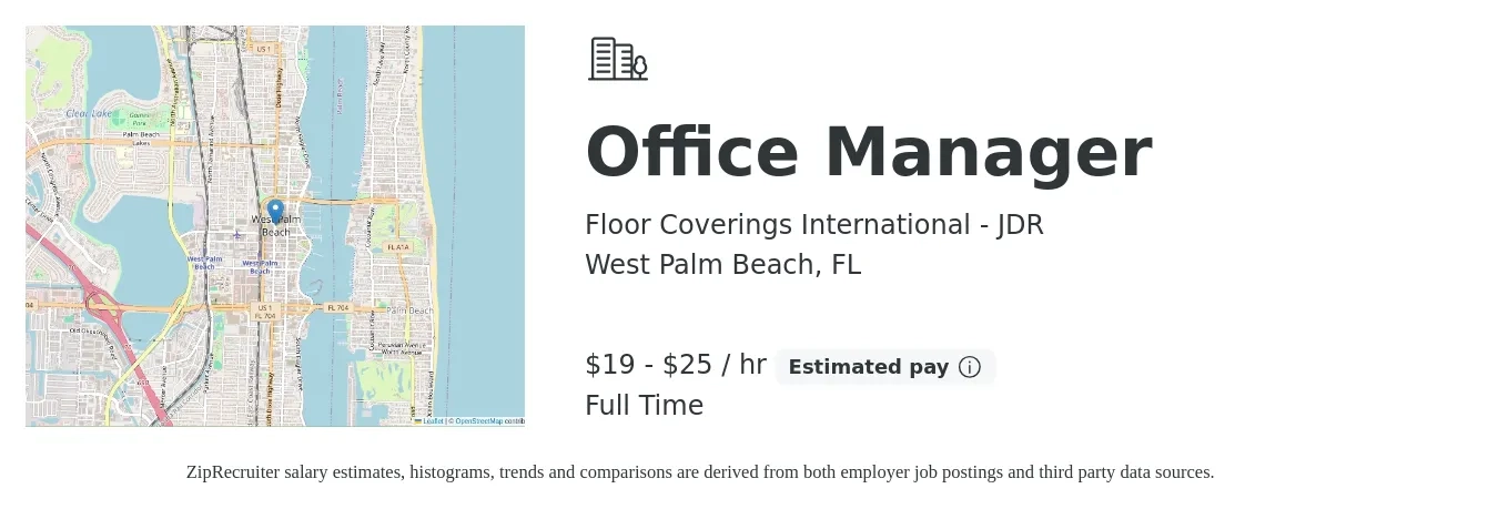 Floor Coverings International - JDR job posting for a Office Manager in West Palm Beach, FL with a salary of $20 to $25 Hourly with a map of West Palm Beach location.
