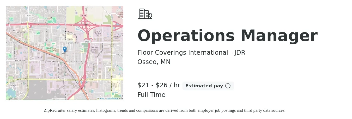 Floor Coverings International - JDR job posting for a Operations Manager in Osseo, MN with a salary of $22 to $28 Hourly with a map of Osseo location.