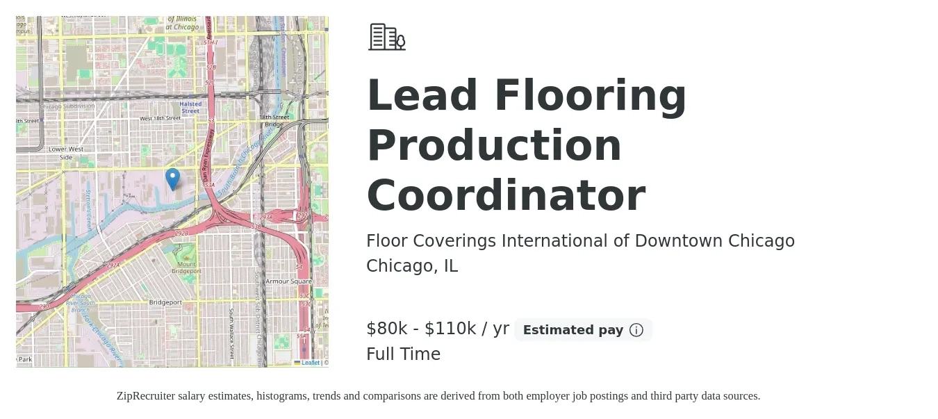 Floor Coverings International of Downtown Chicago job posting for a Lead Flooring Production Coordinator in Chicago, IL with a salary of $80,000 to $110,000 Yearly with a map of Chicago location.