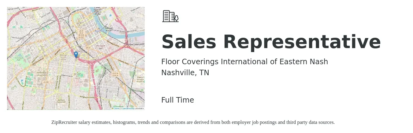 Floor Coverings International of Eastern Nash job posting for a Sales Representative in Nashville, TN with a salary of $7,000 to $10,000 Monthly with a map of Nashville location.