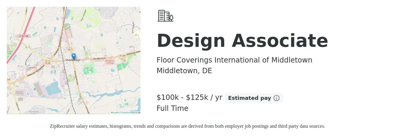 Floor Coverings International of Middletown job posting for a Design Associate in Middletown, DE with a salary of $100,000 to $125,000 Yearly with a map of Middletown location.
