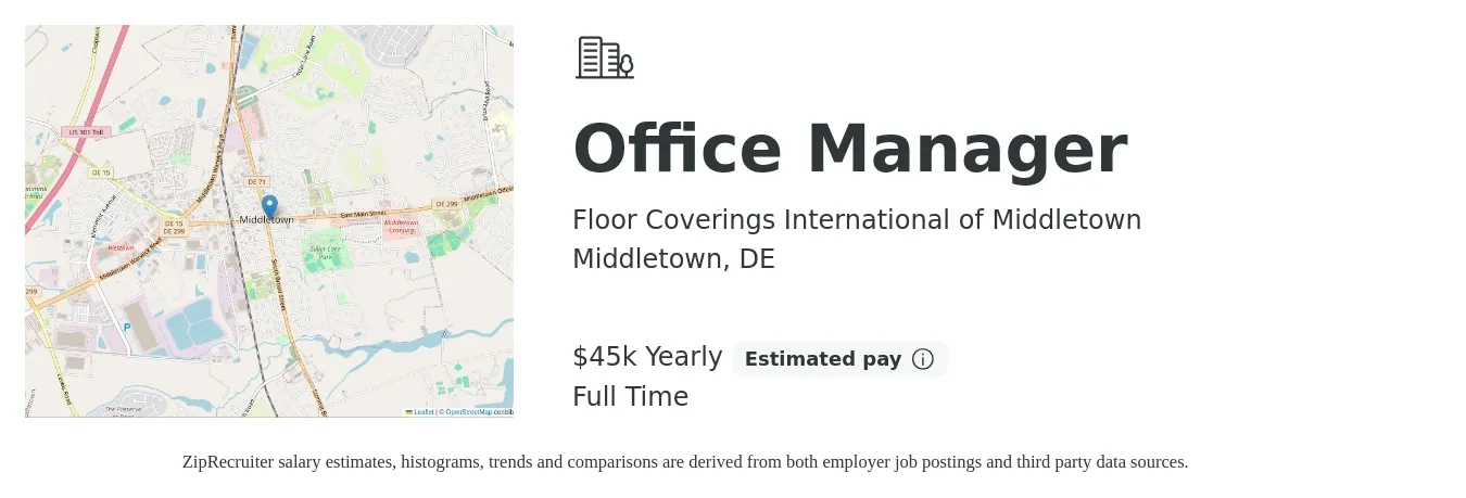 Floor Coverings International of Middletown job posting for a Office Manager in Middletown, DE with a salary of $45,000 Yearly with a map of Middletown location.