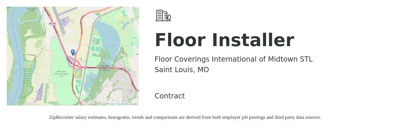 Floor Coverings International of Midtown STL job posting for a Floor Installer in Saint Louis, MO with a salary of $18 to $25 Hourly with a map of Saint Louis location.