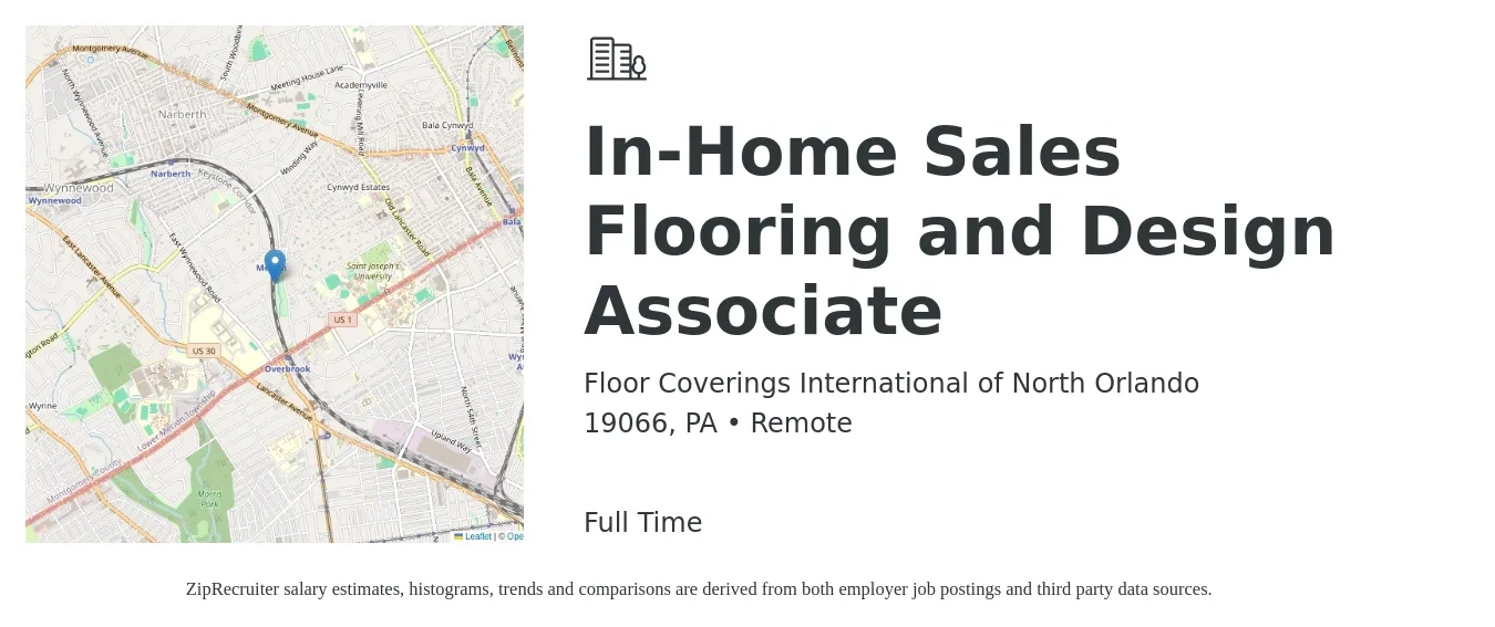 Floor Coverings International of North Orlando job posting for a In-Home Sales Flooring and Design Associate in 19066, PA with a salary of $100,000 Yearly with a map of 19066 location.