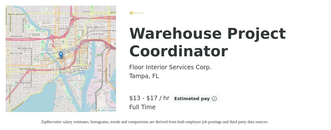 Floor Interior Services, Corp job posting for a Warehouse Project Coordinator in Tampa, FL with a salary of $14 to $18 Hourly with a map of Tampa location.