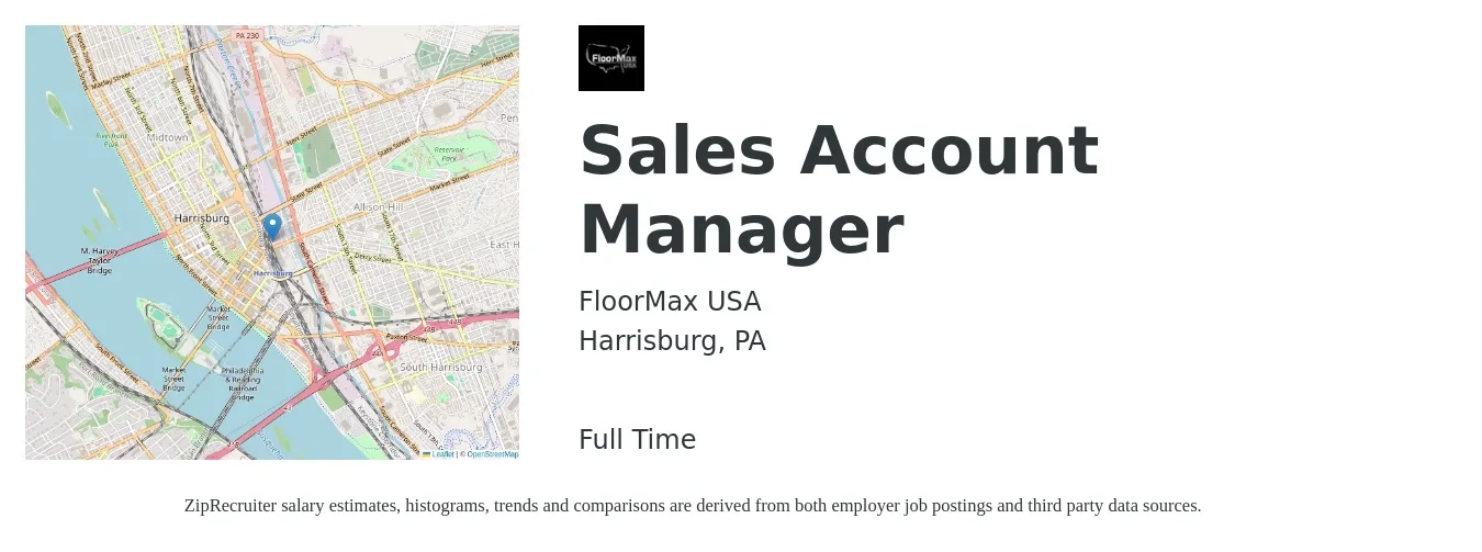 FloorMax USA job posting for a Sales Account Manager in Harrisburg, PA with a salary of $49,900 to $79,000 Yearly with a map of Harrisburg location.