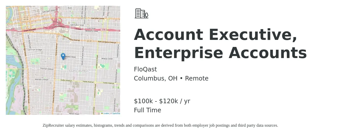 FloQast job posting for a Account Executive, Enterprise Accounts in Columbus, OH with a salary of $100,000 to $120,000 Yearly with a map of Columbus location.