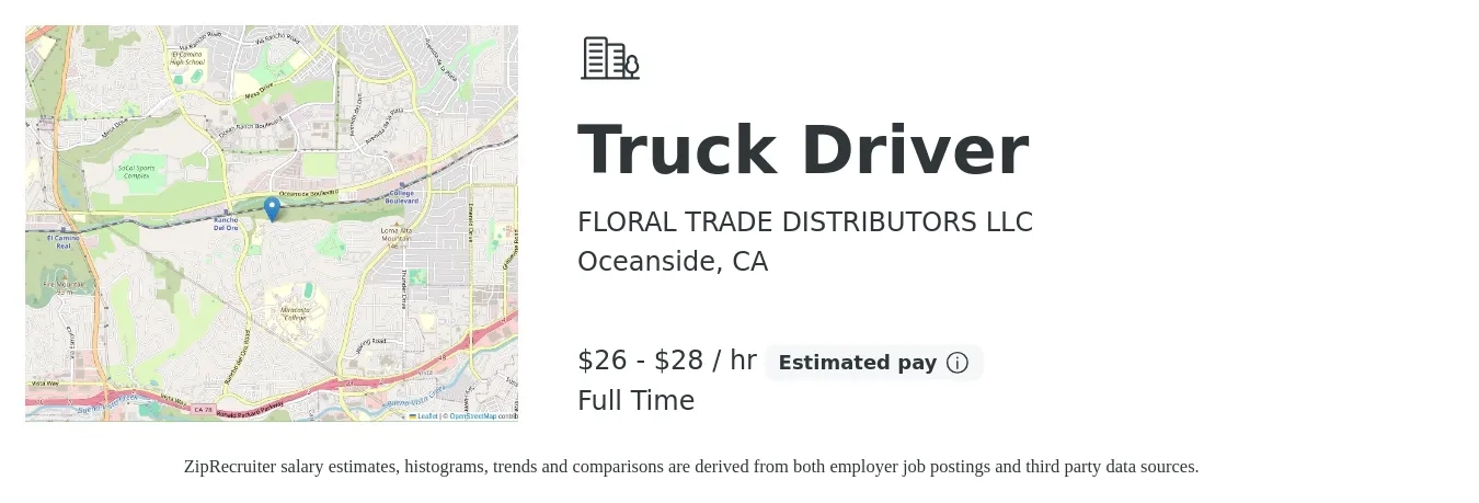 FLORAL TRADE DISTRIBUTORS LLC job posting for a Truck Driver in Oceanside, CA with a salary of $28 to $30 Hourly with a map of Oceanside location.