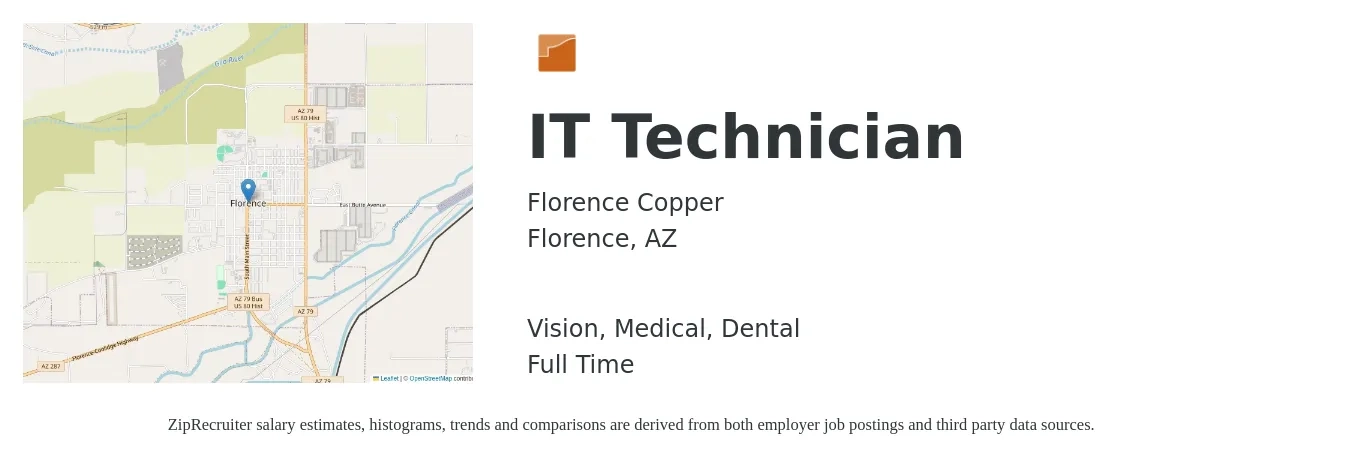 Florence Copper job posting for a IT Technician in Florence, AZ with a salary of $35,100 to $51,500 Yearly and benefits including dental, life_insurance, medical, pto, retirement, and vision with a map of Florence location.