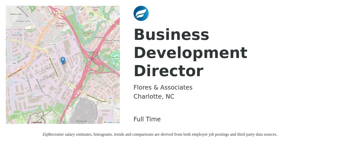 Flores & Associates job posting for a Business Development Director in Charlotte, NC with a salary of $91,200 to $147,800 Yearly with a map of Charlotte location.