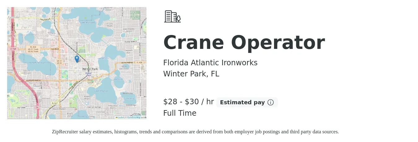 Florida Atlantic Ironworks job posting for a Crane Operator in Winter Park, FL with a salary of $30 to $32 Hourly with a map of Winter Park location.