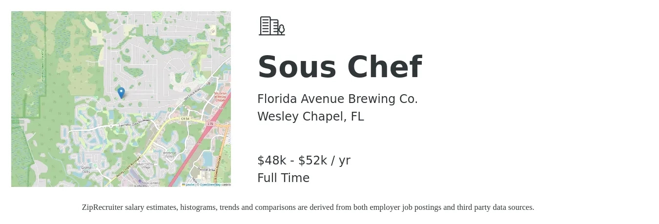 Florida Avenue Brewing Co. job posting for a Sous Chef in Wesley Chapel, FL with a salary of $48,000 to $52,000 Yearly with a map of Wesley Chapel location.