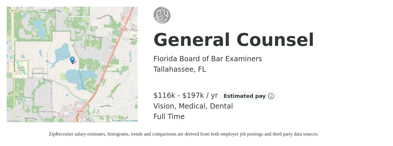 Florida Board of Bar Examiners job posting for a General Counsel in Tallahassee, FL with a salary of $116,000 to $197,000 Yearly and benefits including pto, retirement, vision, dental, life_insurance, and medical with a map of Tallahassee location.