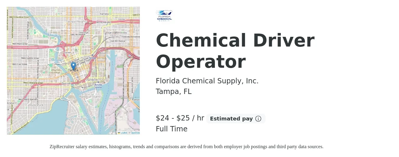 Florida Chemical Supply, Inc. job posting for a Chemical Driver Operator in Tampa, FL with a salary of $25 to $27 Hourly with a map of Tampa location.