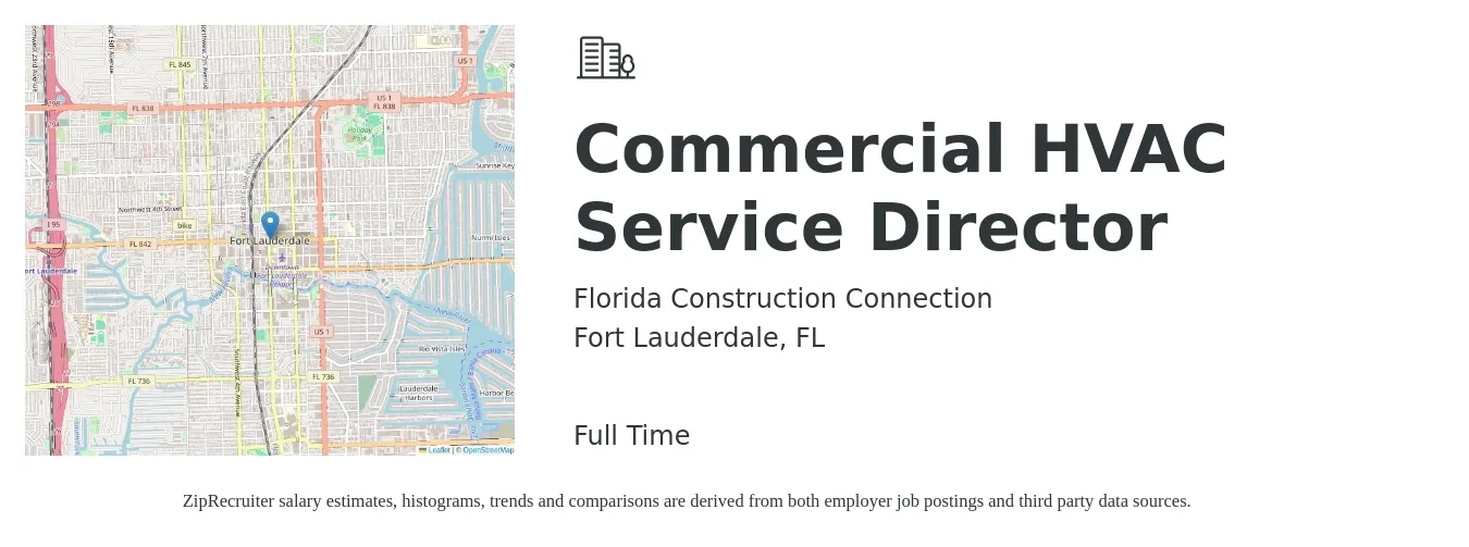 Florida Construction Connection job posting for a Commercial HVAC Service Director in Fort Lauderdale, FL with a salary of $28 to $37 Hourly with a map of Fort Lauderdale location.