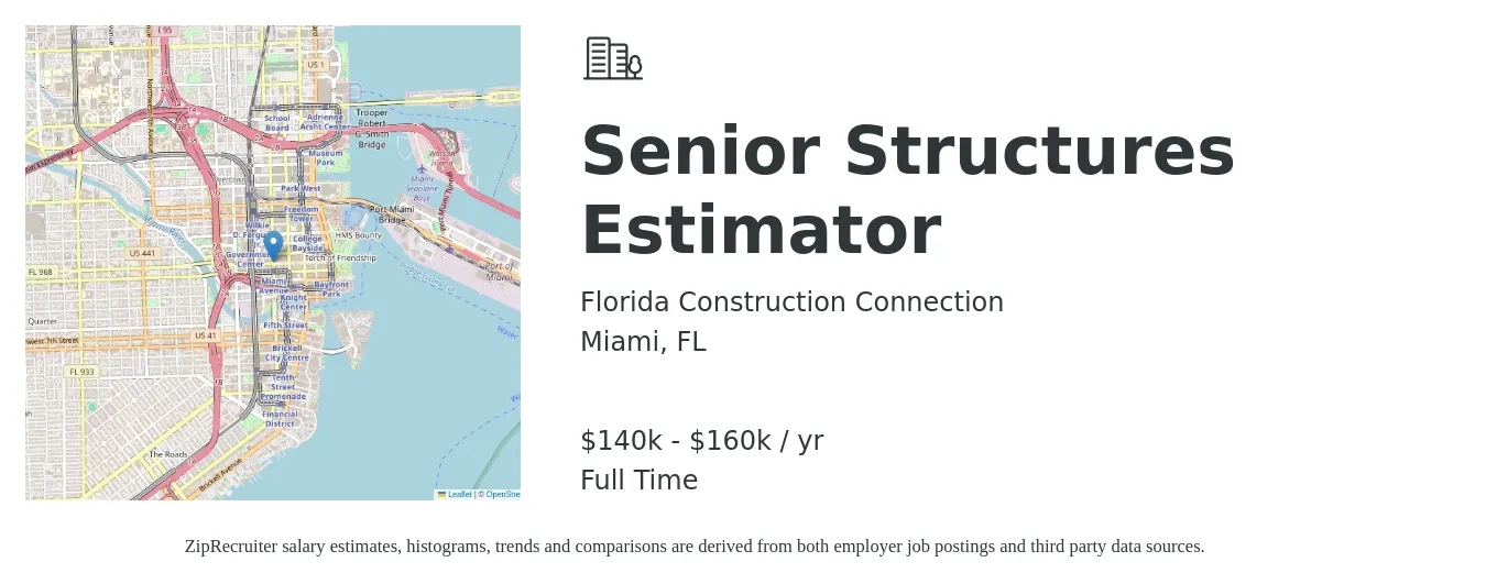 Florida Construction Connection job posting for a Senior Structures Estimator in Miami, FL with a salary of $140,000 to $160,000 Yearly with a map of Miami location.