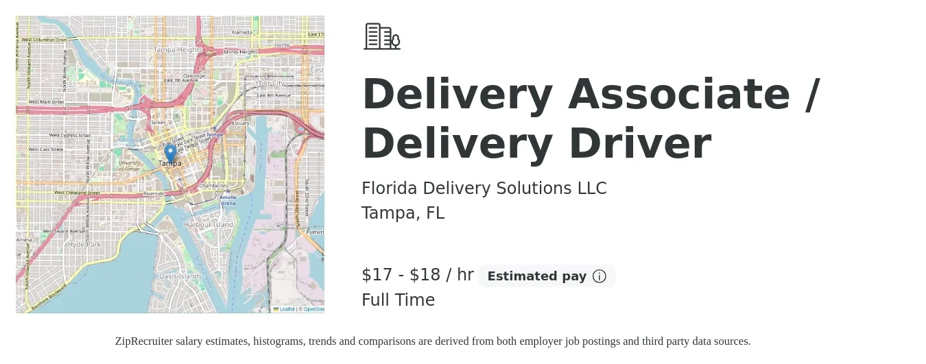 Florida Delivery Solutions LLC job posting for a Delivery Associate / Delivery Driver in Tampa, FL with a salary of $18 to $20 Hourly with a map of Tampa location.