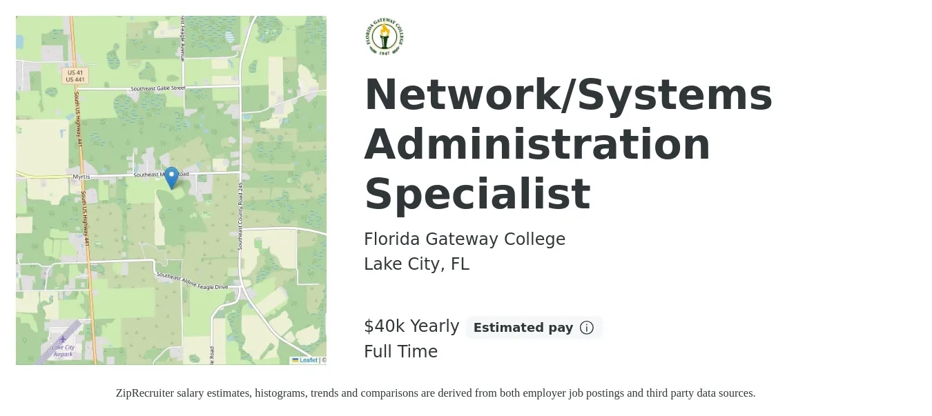 Florida Gateway College job posting for a Network/Systems Administration Specialist in Lake City, FL with a salary of $40,000 Yearly with a map of Lake City location.