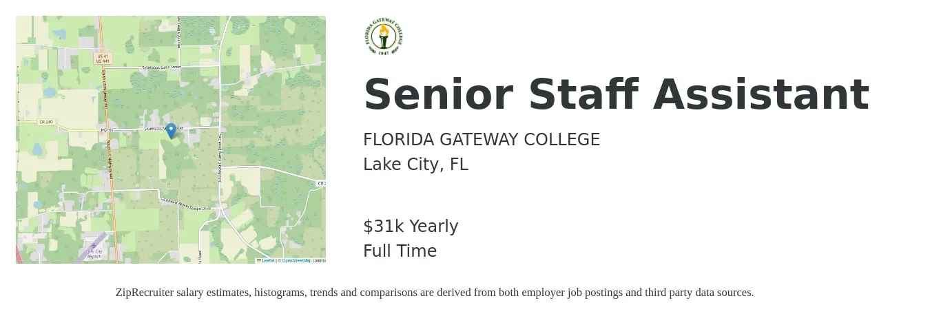 Florida Gateway College job posting for a Senior Staff Assistant in Lake City, FL with a salary of $31,200 Yearly with a map of Lake City location.