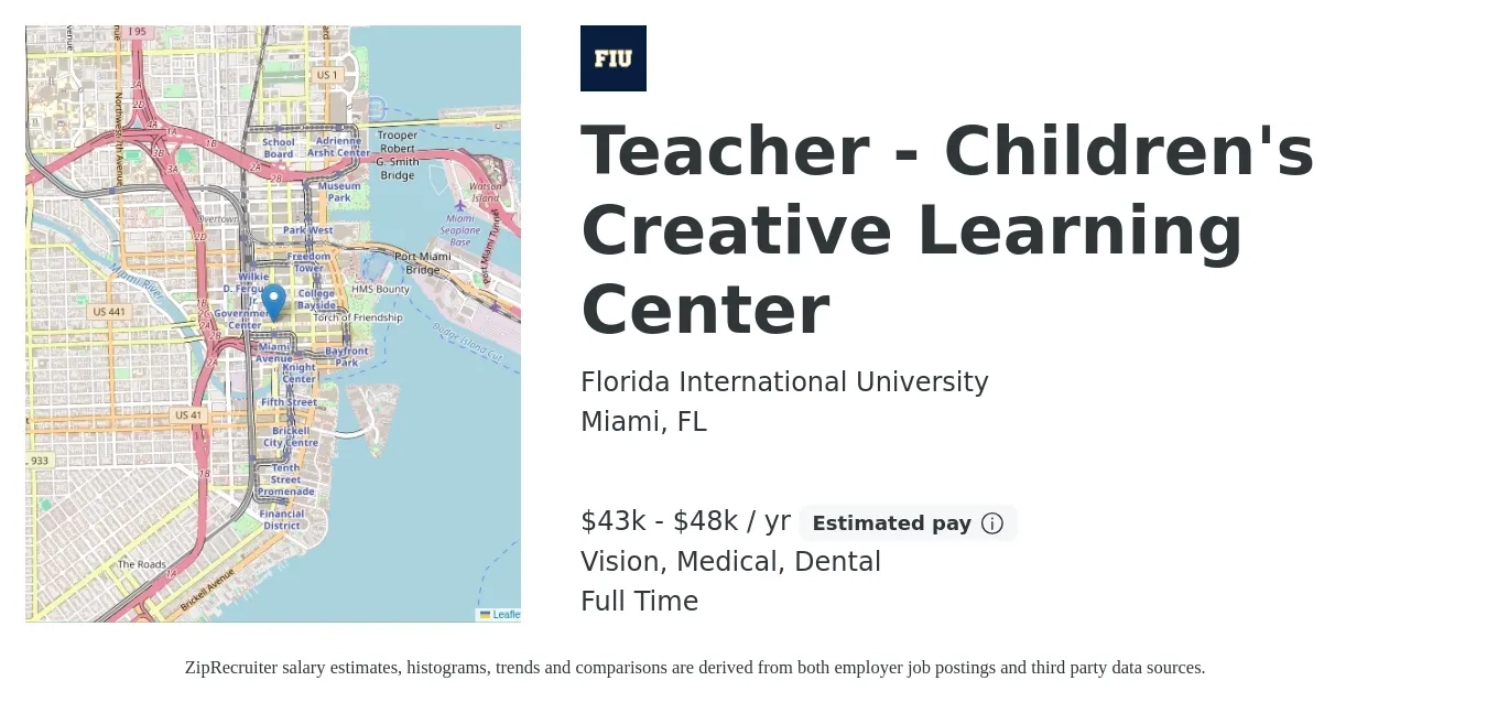 Florida International University job posting for a Teacher - Children's Creative Learning Center in Miami, FL with a salary of $43,000 to $48,000 Yearly and benefits including vision, dental, and medical with a map of Miami location.