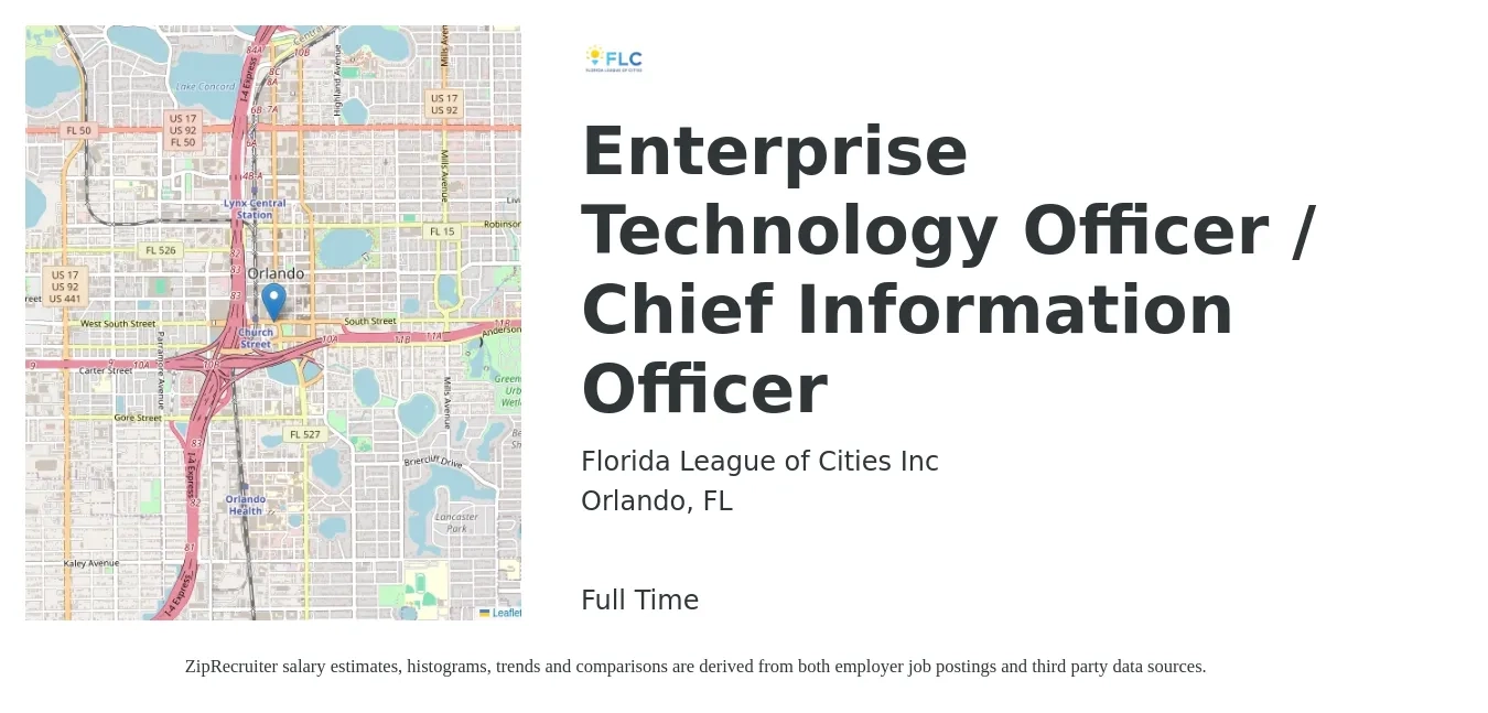 Florida League of Cities Inc job posting for a Enterprise Technology Officer / Chief Information Officer in Orlando, FL with a salary of $123,100 to $181,900 Yearly with a map of Orlando location.