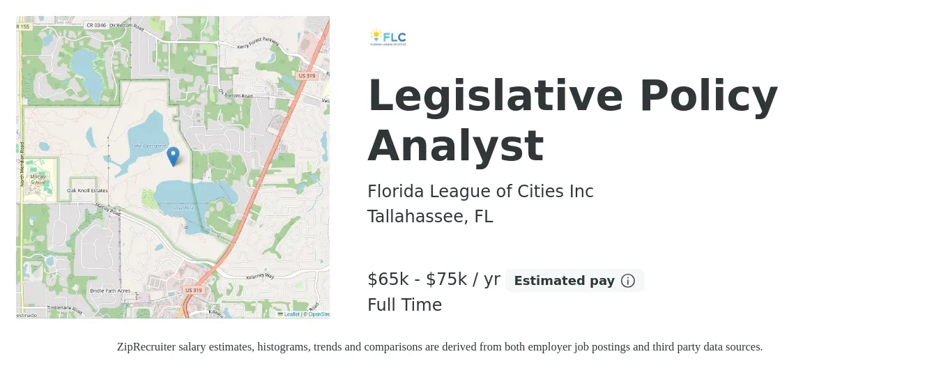 Florida League of Cities Inc job posting for a Legislative Policy Analyst in Tallahassee, FL with a salary of $65,000 to $75,000 Yearly with a map of Tallahassee location.