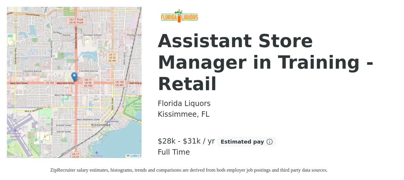 Florida Liquors job posting for a Assistant Store Manager in Training - Retail in Kissimmee, FL with a salary of $28,000 to $31,500 Yearly and benefits including retirement with a map of Kissimmee location.