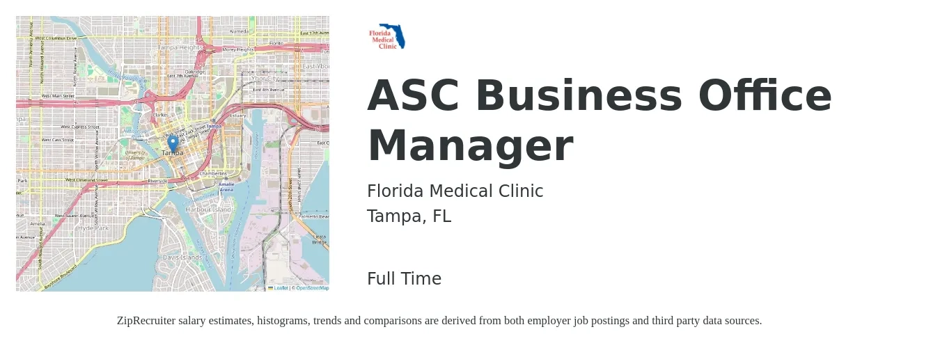 Florida Medical Clinic job posting for a ASC Business Office Manager in Tampa, FL with a salary of $23 to $32 Hourly with a map of Tampa location.