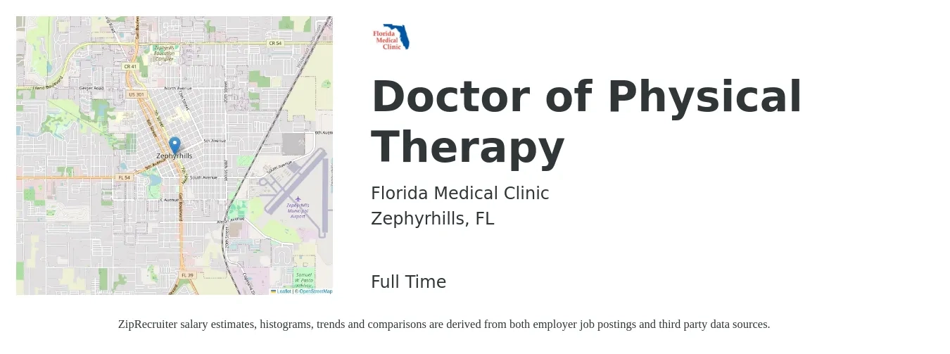 Florida Medical Clinic job posting for a Doctor of Physical Therapy in Zephyrhills, FL with a salary of $1,350 to $1,740 Weekly with a map of Zephyrhills location.