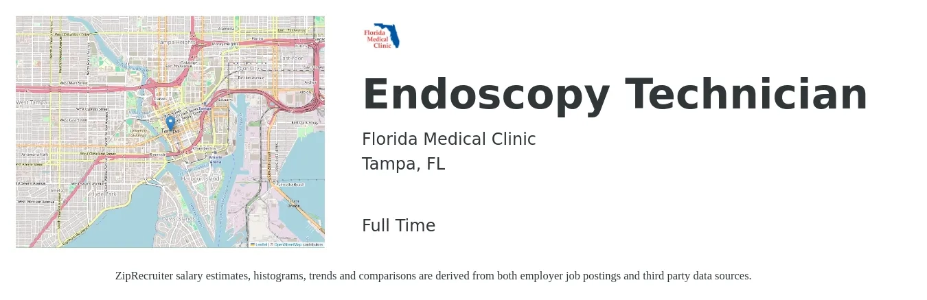 Florida Medical Clinic job posting for a Endoscopy Technician in Tampa, FL with a salary of $19 to $28 Hourly with a map of Tampa location.