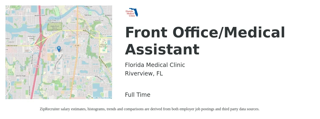 Florida Medical Clinic job posting for a Front Office/Medical Assistant in Riverview, FL with a salary of $14 to $18 Hourly with a map of Riverview location.