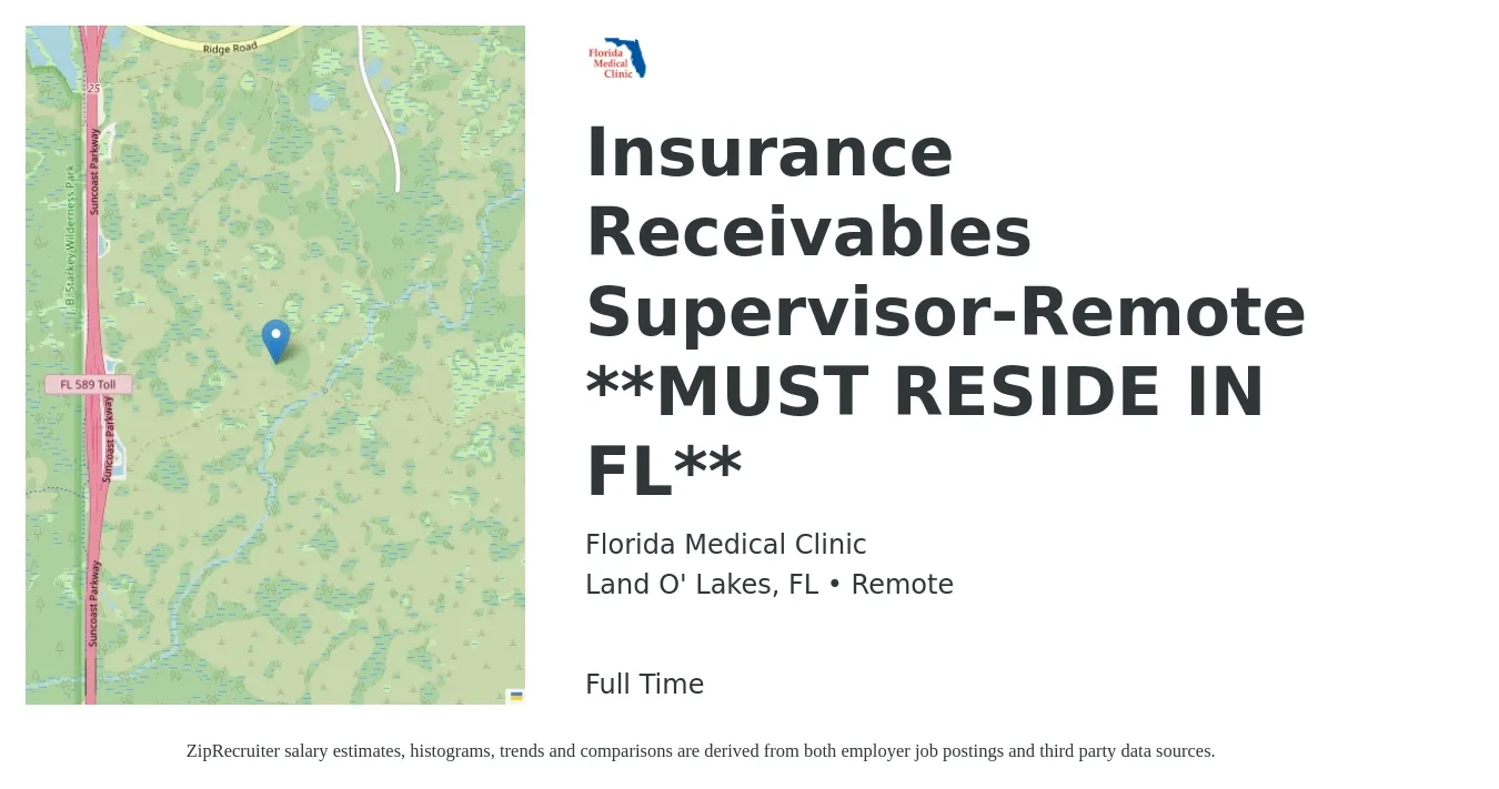 Florida Medical Clinic job posting for a Insurance Receivables Supervisor-Remote **MUST RESIDE IN FL** in Land O' Lakes, FL with a salary of $55,500 to $82,600 Yearly with a map of Land O' Lakes location.
