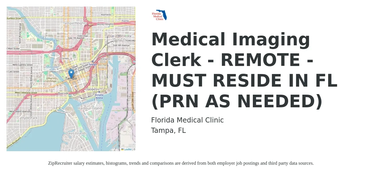 Florida Medical Clinic job posting for a Medical Imaging Clerk - REMOTE - MUST RESIDE IN FL (PRN AS NEEDED) in Tampa, FL with a salary of $16 to $19 Hourly with a map of Tampa location.