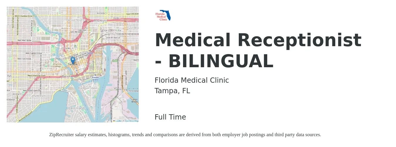 Florida Medical Clinic job posting for a Medical Receptionist - Bilingual in Tampa, FL with a salary of $16 to $20 Hourly with a map of Tampa location.