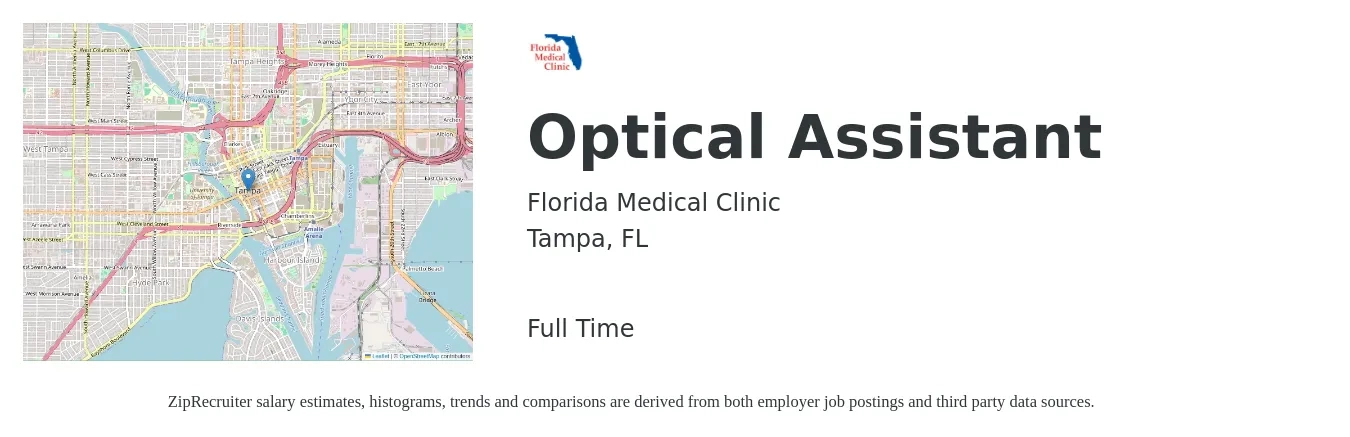 Florida Medical Clinic job posting for a Optical Assistant in Tampa, FL with a salary of $15 to $18 Hourly with a map of Tampa location.