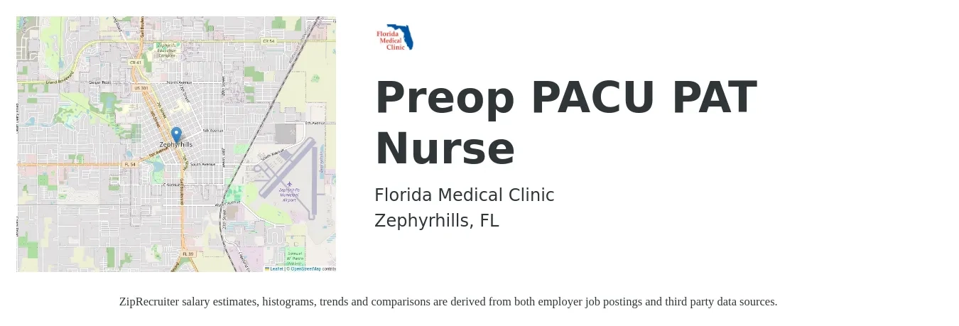 Florida Medical Clinic job posting for a Preop PACU PAT Nurse in Zephyrhills, FL with a salary of $1,540 to $2,350 Weekly with a map of Zephyrhills location.