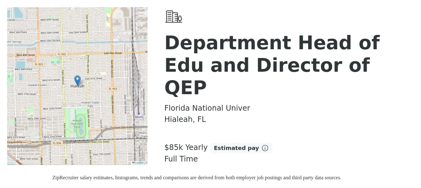 Florida National Univer job posting for a Department Head of Edu and Director of QEP in Hialeah, FL with a salary of $85,000 Yearly with a map of Hialeah location.