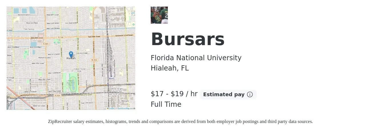Florida National University job posting for a Bursars in Hialeah, FL with a salary of $18 to $20 Hourly with a map of Hialeah location.