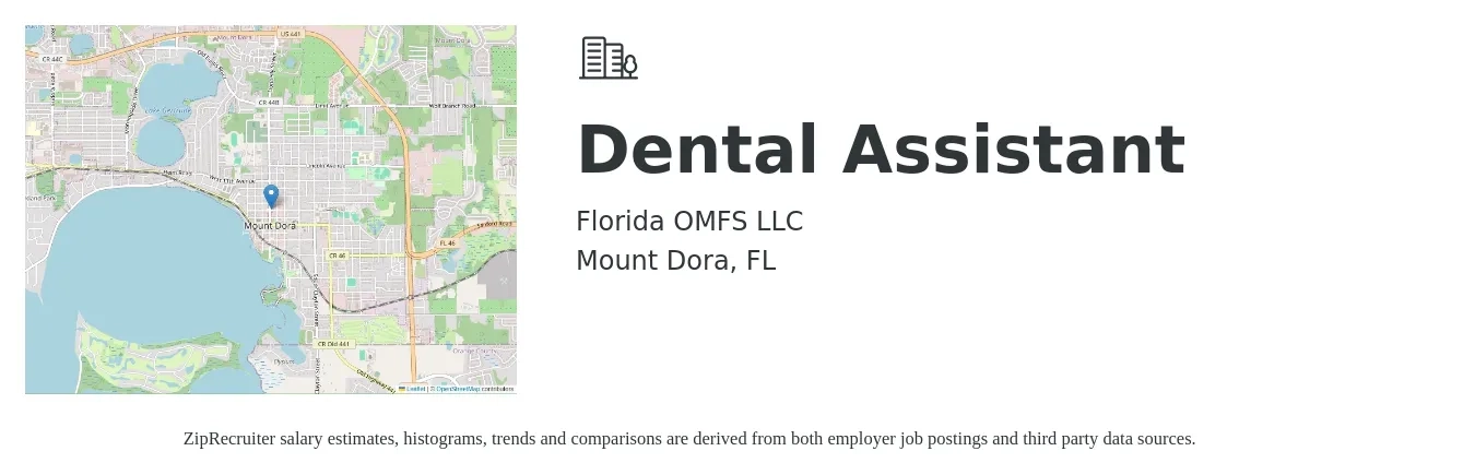 Florida OMFS LLC job posting for a Dental Assistant in Mount Dora, FL with a salary of $16 to $21 Hourly with a map of Mount Dora location.